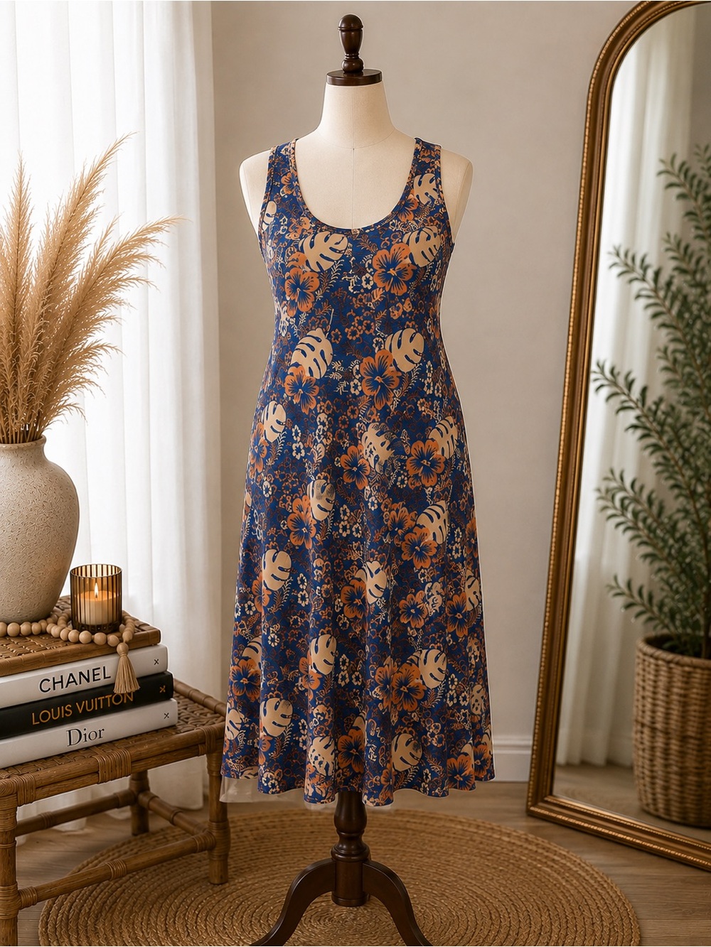 Columbia performance fishing gear largeNavy and Tan Floral Scoop-Neck Midi Dress